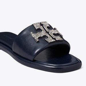 Tory Burch $258 DOUBLE T DECO SPORT SLIDE New Navy Rhinestones Embellished Flats